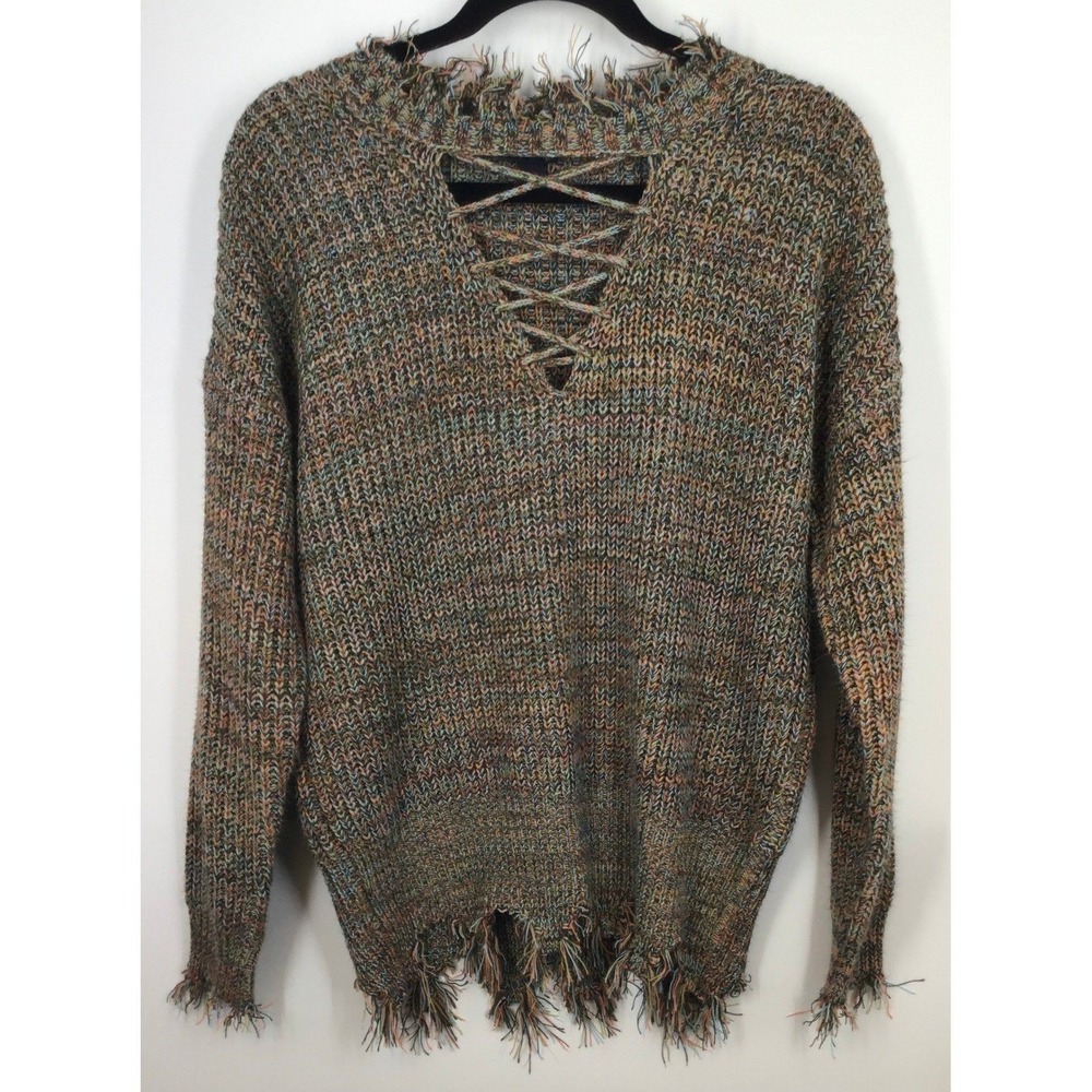 Y2K Multicolor Art Marled Lace-Up Knit Sweater with Distressed Fringe Hem M